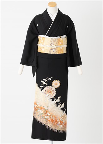 黒留袖一式レンタル　鶴に華紋・朱　フリーサイズ