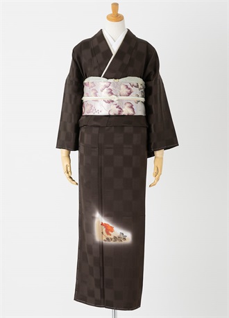 やまとオリジナル訪問着レンタル　市松茶地紋　朱花　L