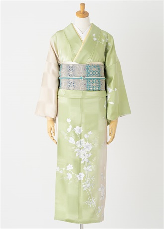 やまとオリジナル訪問着レンタル　黄緑　白い花　L
