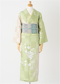 やまとオリジナル訪問着レンタル　黄緑　白い花　L