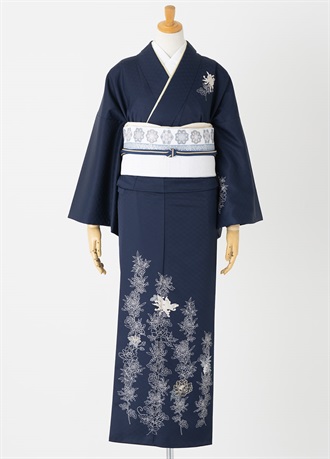 付下げ訪問着レンタル　四季のしおり　鉄紺【華紋の行進　白　スタイル】