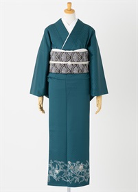 付下げ訪問着レンタル　更紗花冠　孔雀緑【松風　漆黒　スタイル】