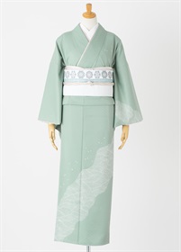 付下げ訪問着レンタル　小さな星　翡翠【華紋の行進　白　スタイル】