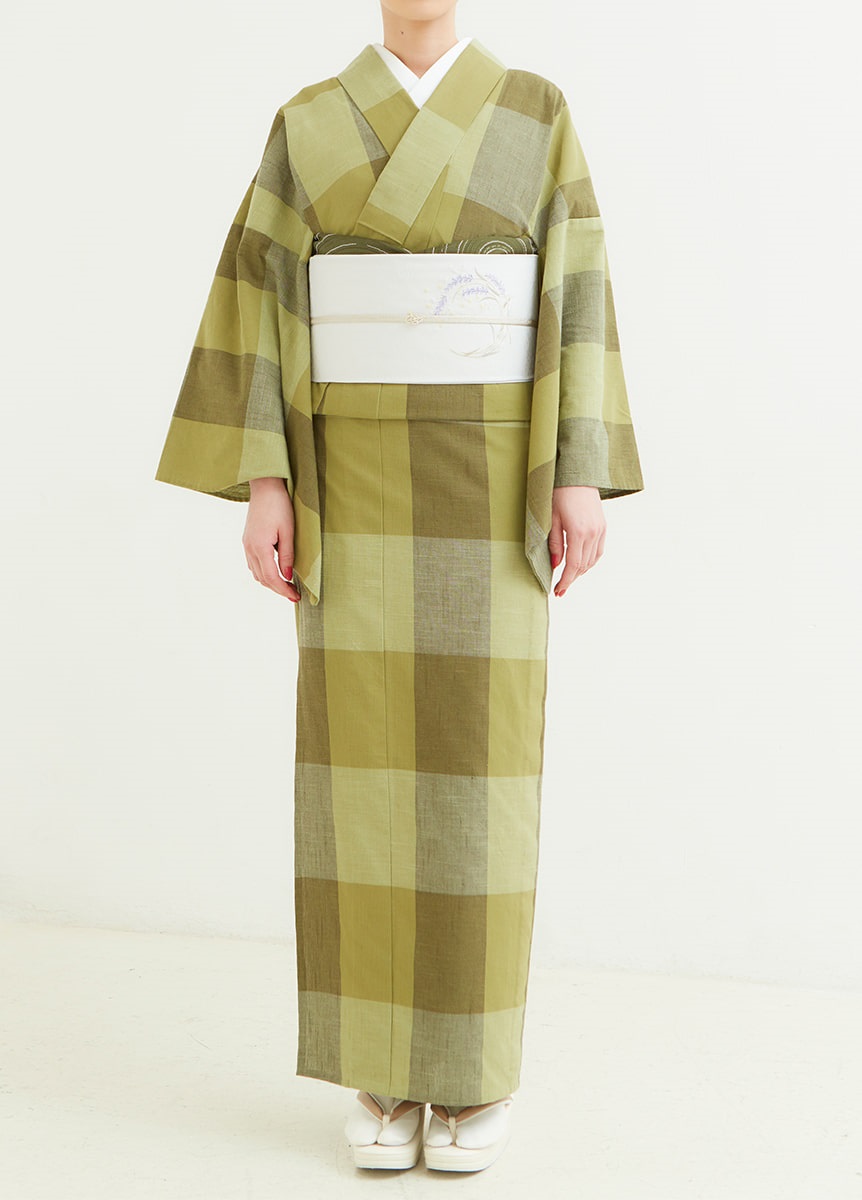 片貝木綿　白銀格子　松葉色