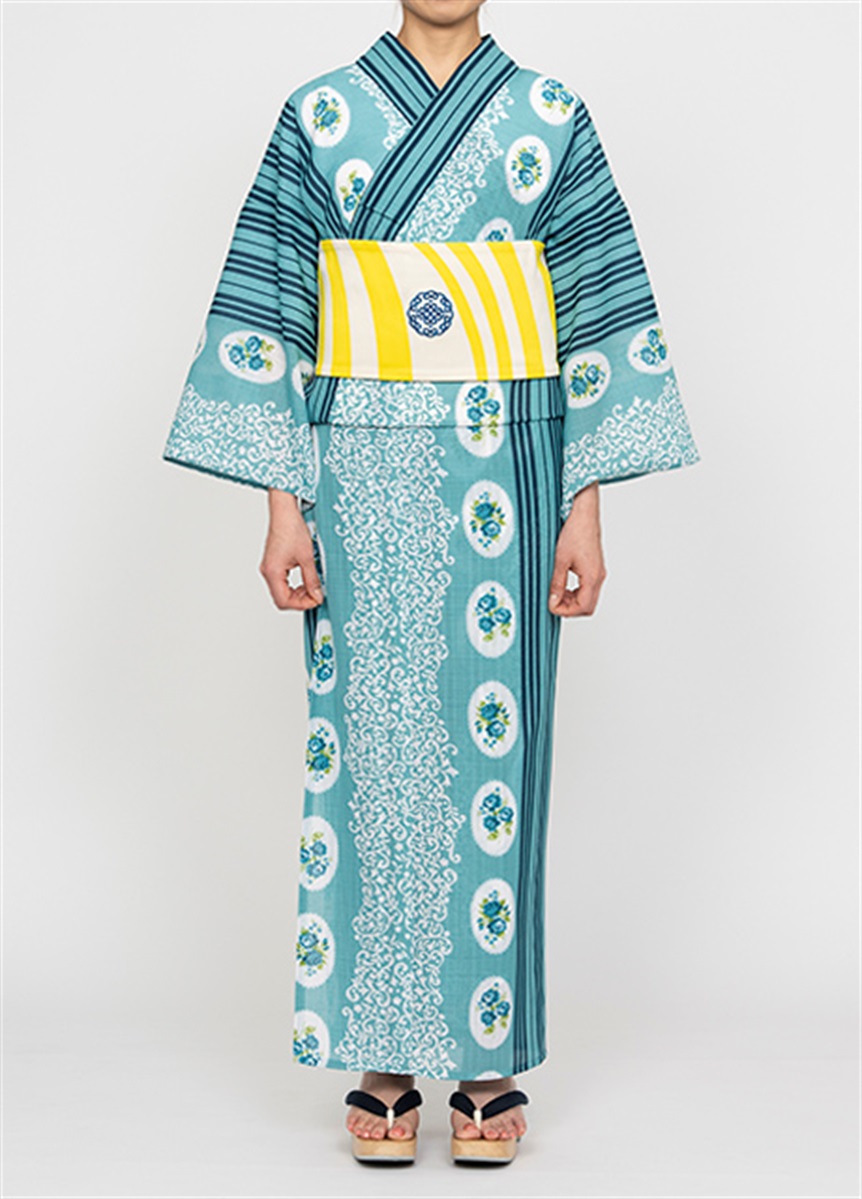 浴衣　反物　白地×浅葱色　植物文様 浴衣 反物 白地×浅葱色 植物文様