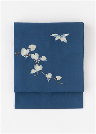 袋帯 刺繍九寸名古屋帯　翡翠とノブドウ　紺