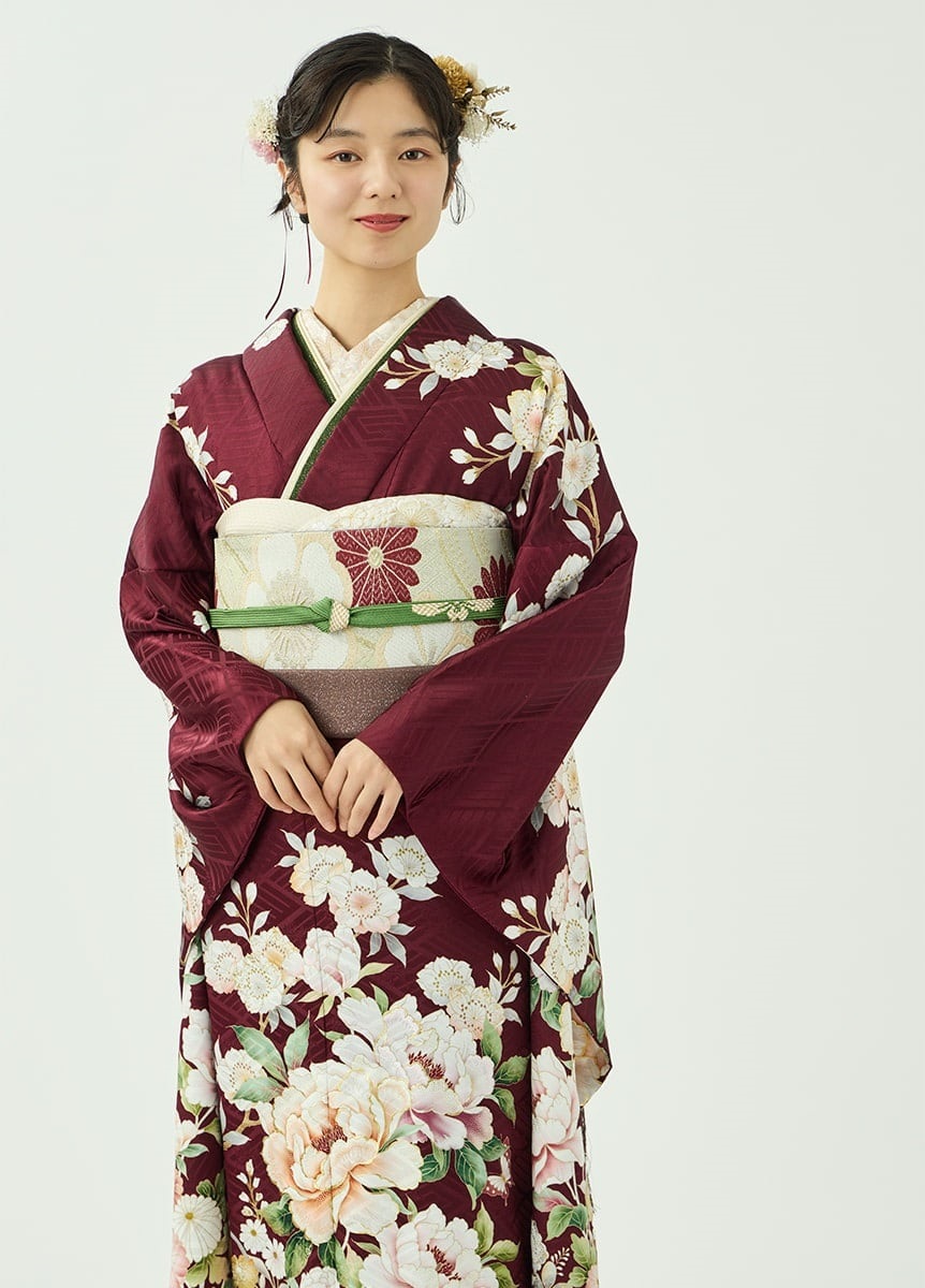 【着物と帯 時流】J241272s◆正絹 振袖用 長襦袢◆刺繍半衿付 カーキ 刺繍半衿 蝶ふわり芍薬 ピンクベージュ（ご予約受注品） | 振袖