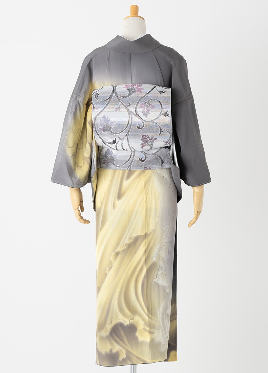 26年8月貸出不可】やまとオリジナル訪問着レンタル 灰色 黄色暈し L