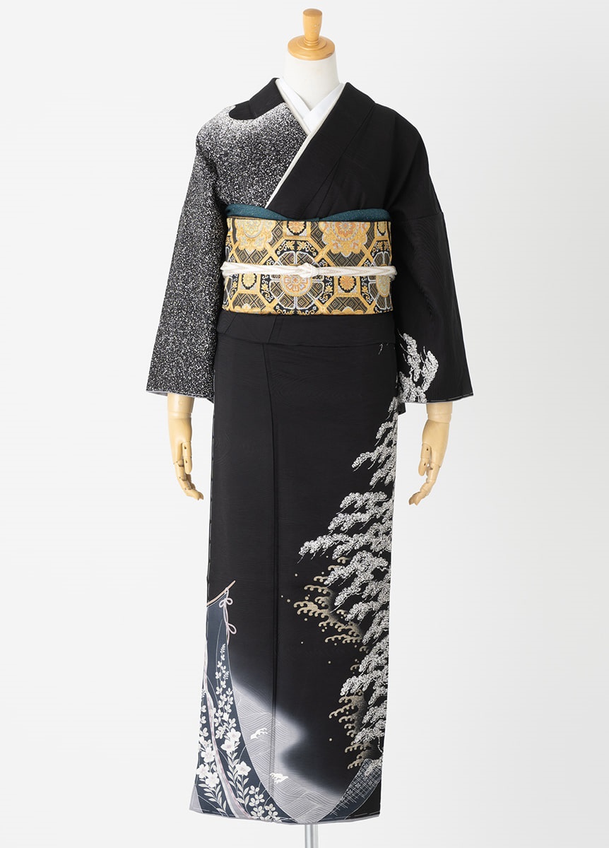 D185 夏着物 訪問着 黒地 縦絽 花模様 正絹 極美品 D486 夏着物 訪問着