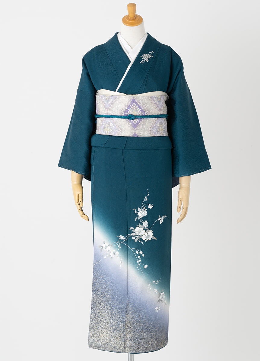 やまとオリジナル訪問着レンタル 青緑 白い花 M | 訪問着レンタル