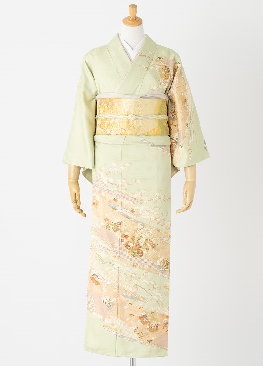 3月中貸出不可】やまとオリジナル訪問着レンタル みやび古典 ヒワ色 M