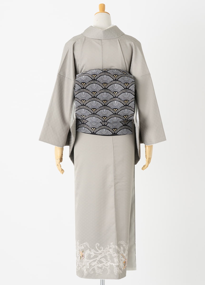 付下げ訪問着レンタル 更紗花冠 石色【松風 漆黒 スタイル