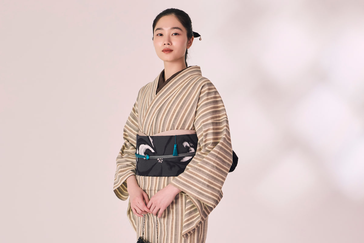 久留米絣　縞々　灰