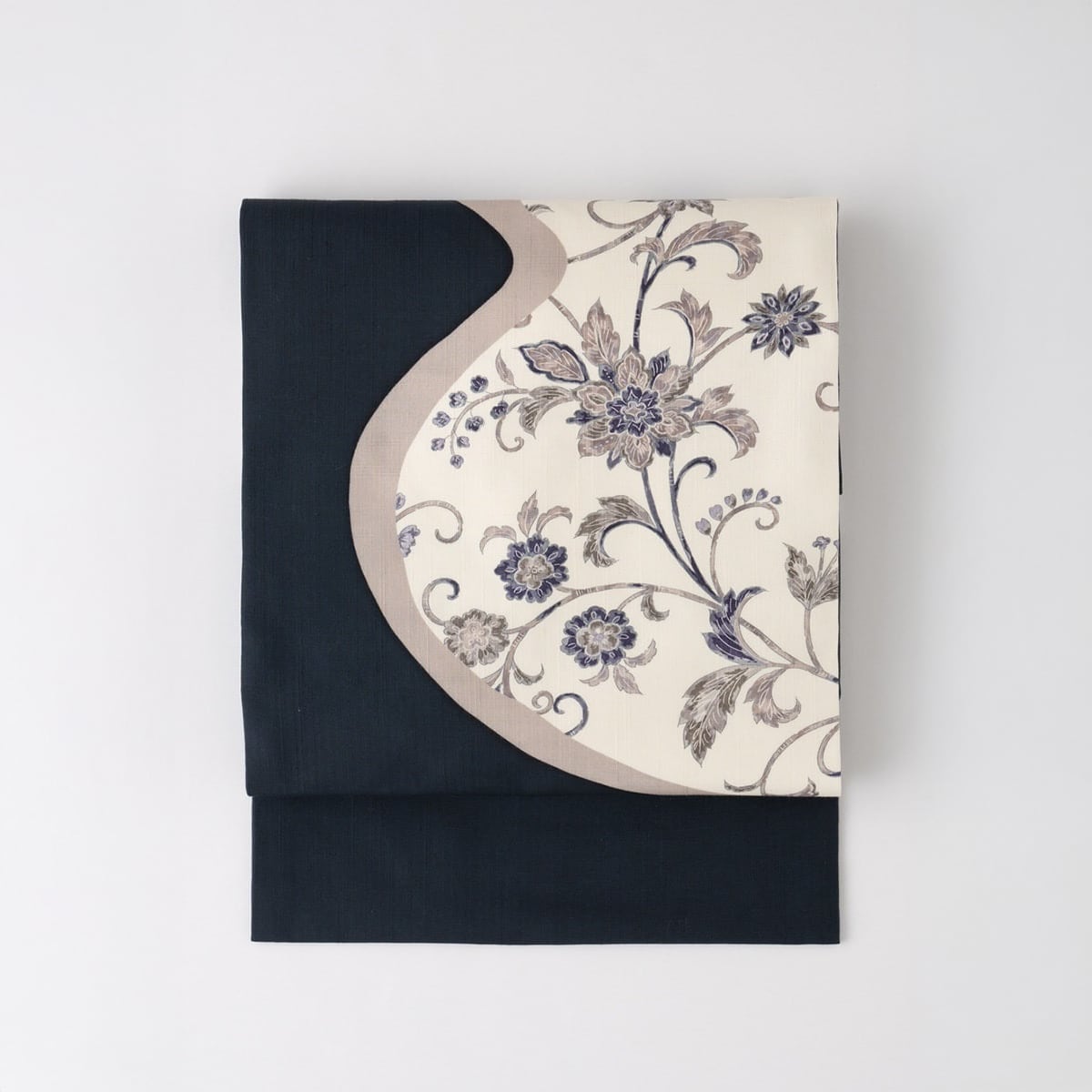 九寸名古屋帯　摺り友禅　更紗　濃紺