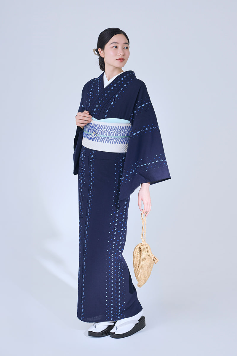 夏久留米絣×麻絹四寸単衣帯