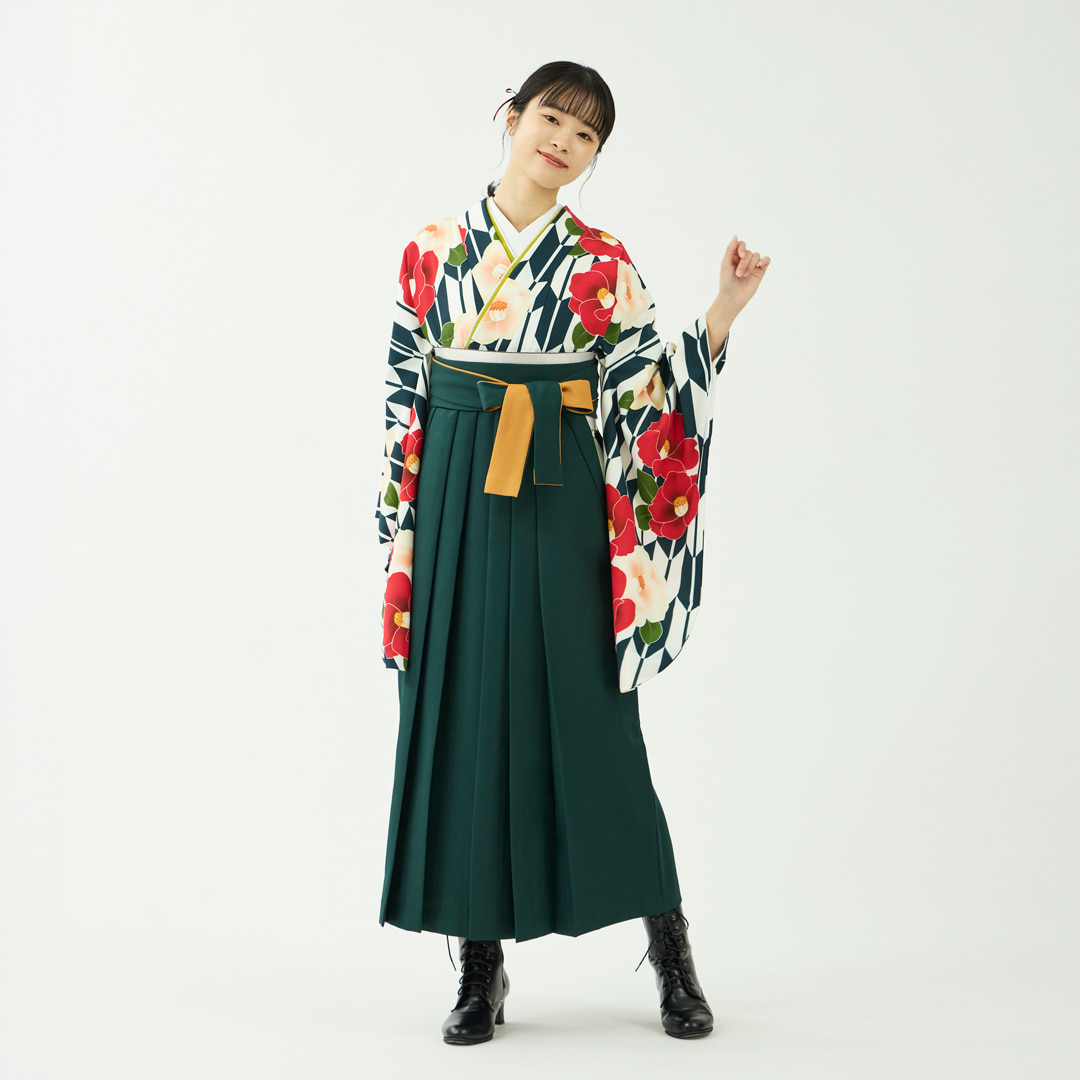 袴レンタルセット「花笑み」矢絣に椿・紺＆無地袴・緑