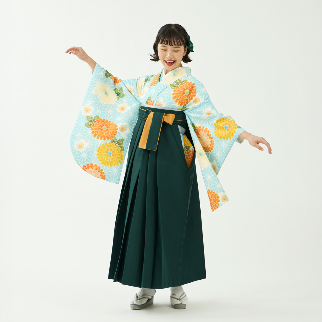 袴レンタルセット「花笑み」麻の葉菊・水色＆無地袴・緑