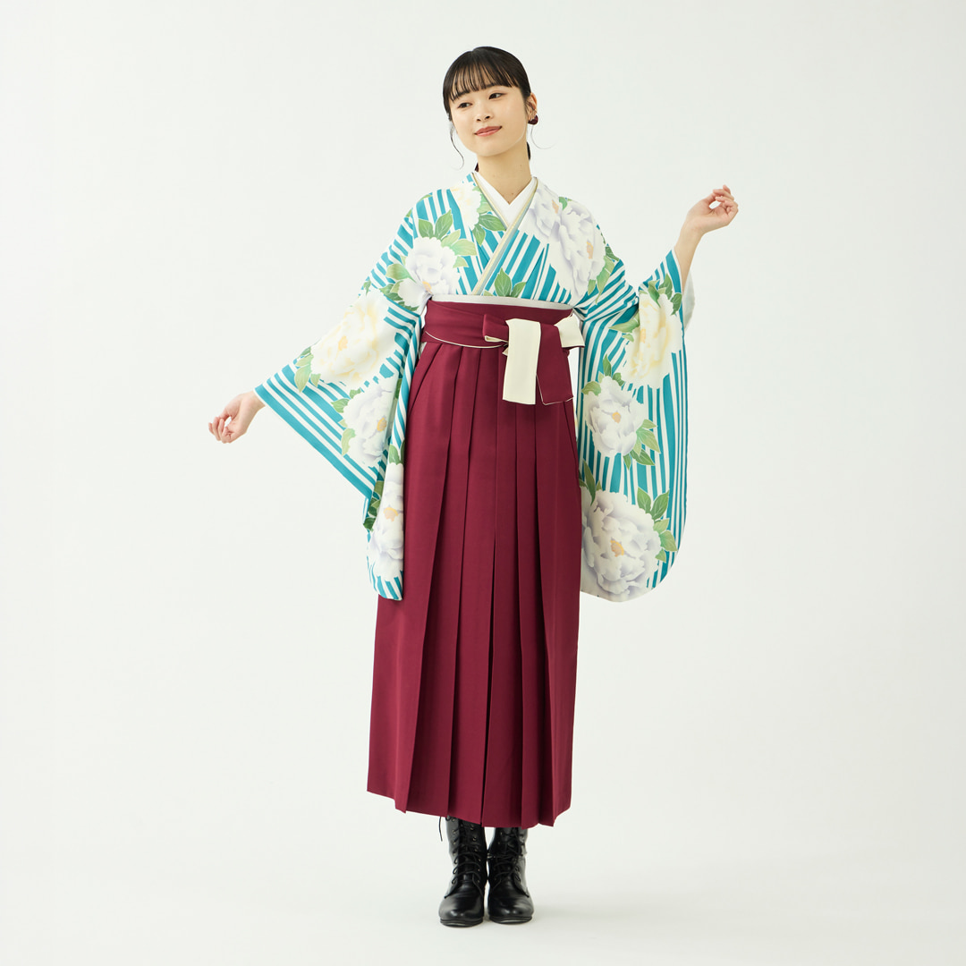 袴レンタルセット「花笑み」親子縞に牡丹・緑＆無地袴・ワイン
