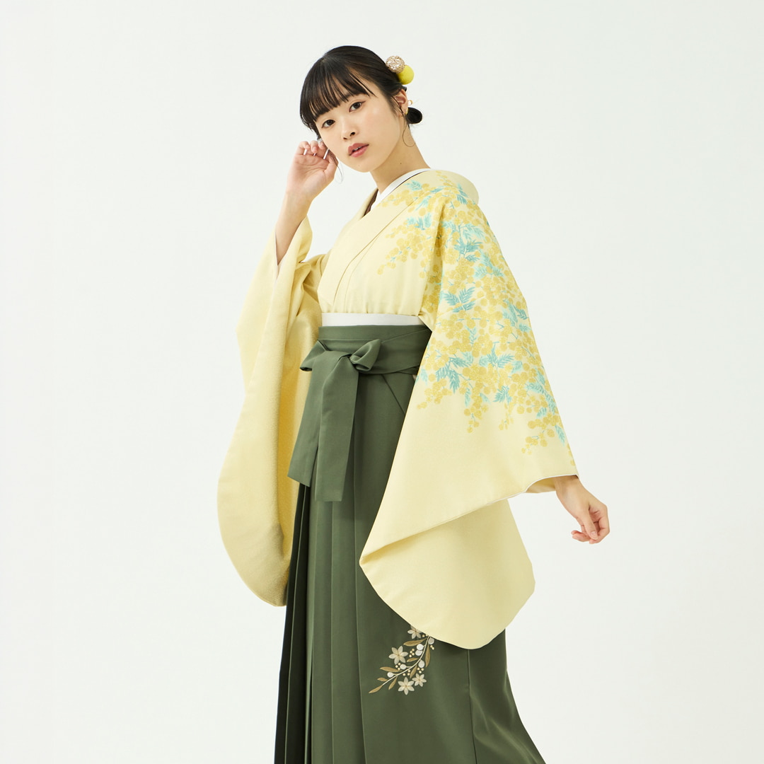 袴レンタルセット「晴れの日ブーケ」ミモザ・イエロー＆刺繍袴・オリーブ