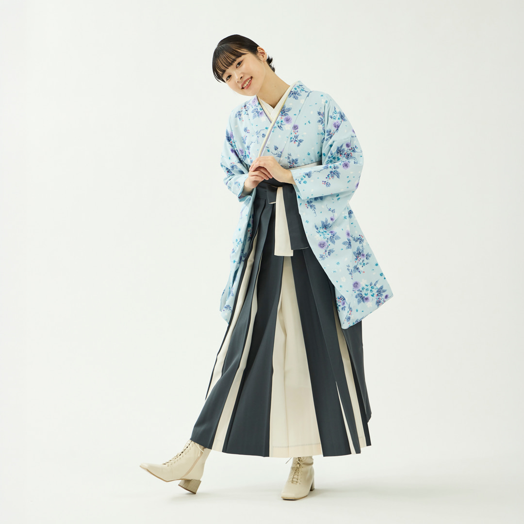 袴レンタルセット「春晴花」あざみとブルースター・空色＆無地袴・濃紺