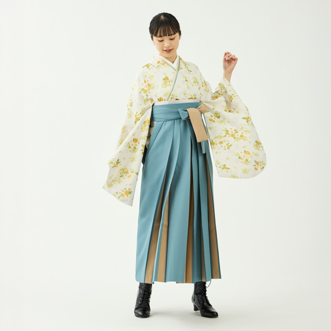 袴レンタルセット「春晴花」たんぽぽと菜の花・象牙色＆無地袴・浅葱色