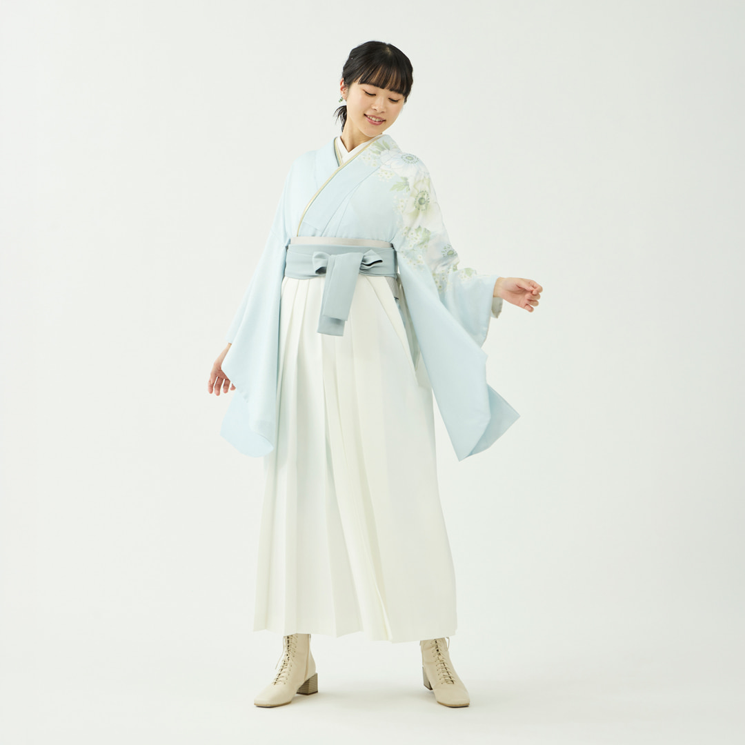袴レンタルセット「晴れの日ブーケ」アネモネ・ライトブルー＆無地袴・白