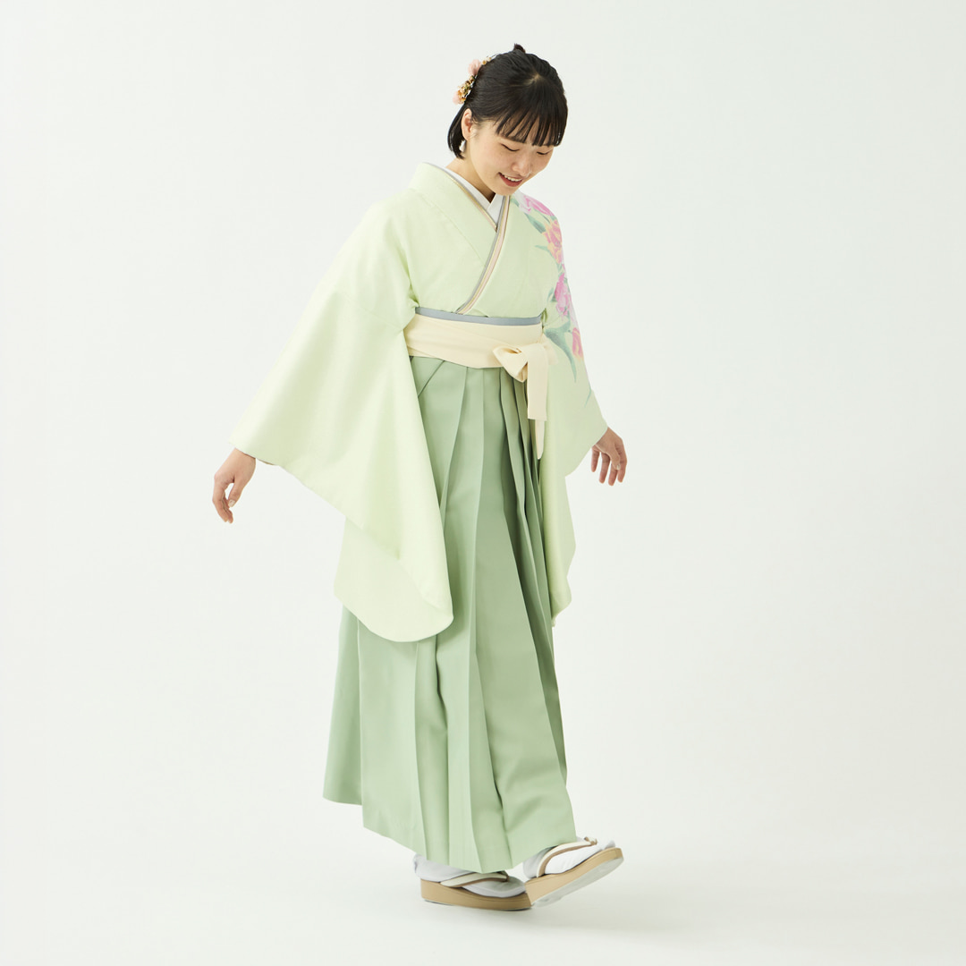 袴レンタルセット「晴れの日ブーケ」チューリップ・ライム＆無地袴・ヒワ