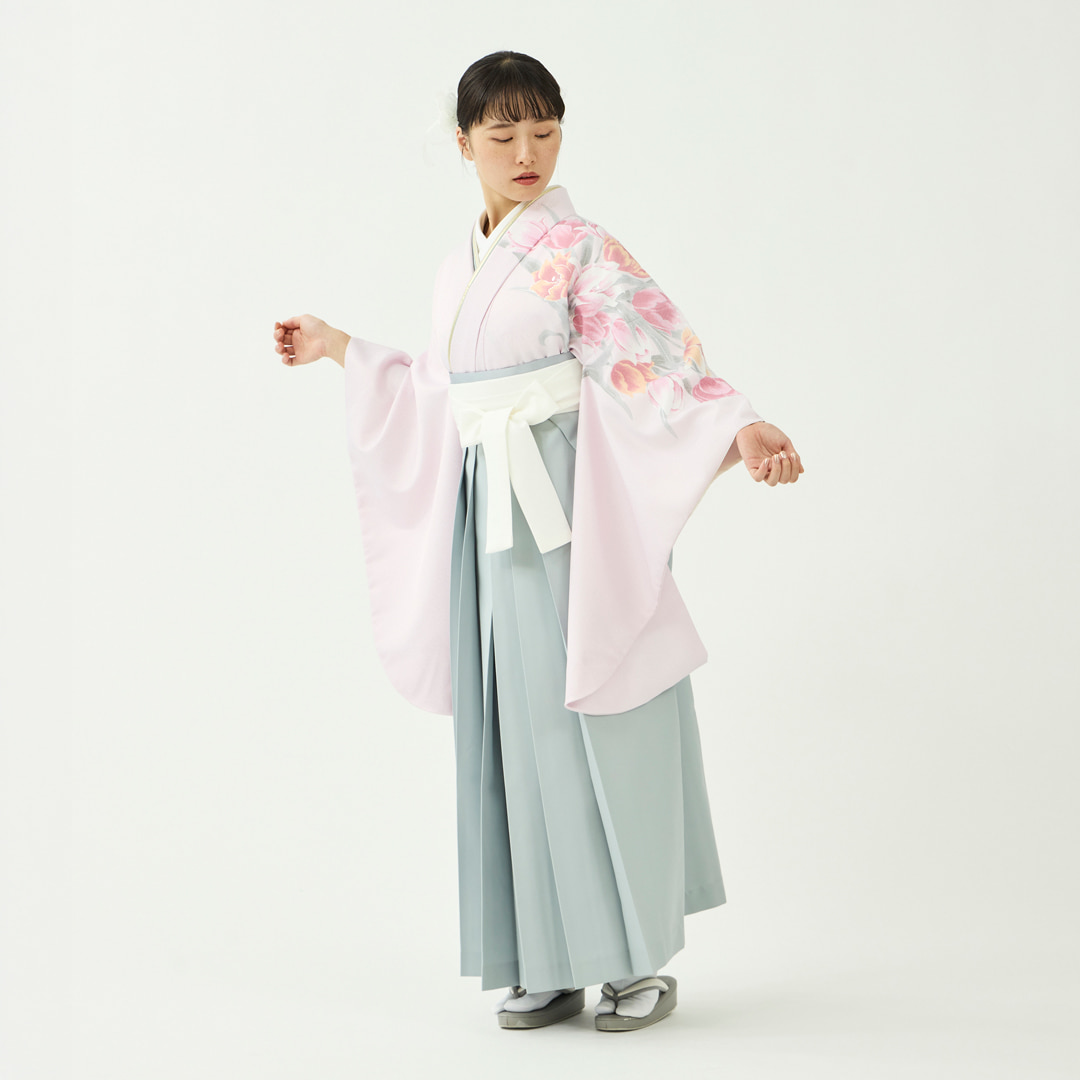 袴レンタルセット「晴れの日ブーケ」チューリップ・ピンク＆無地袴・グレー