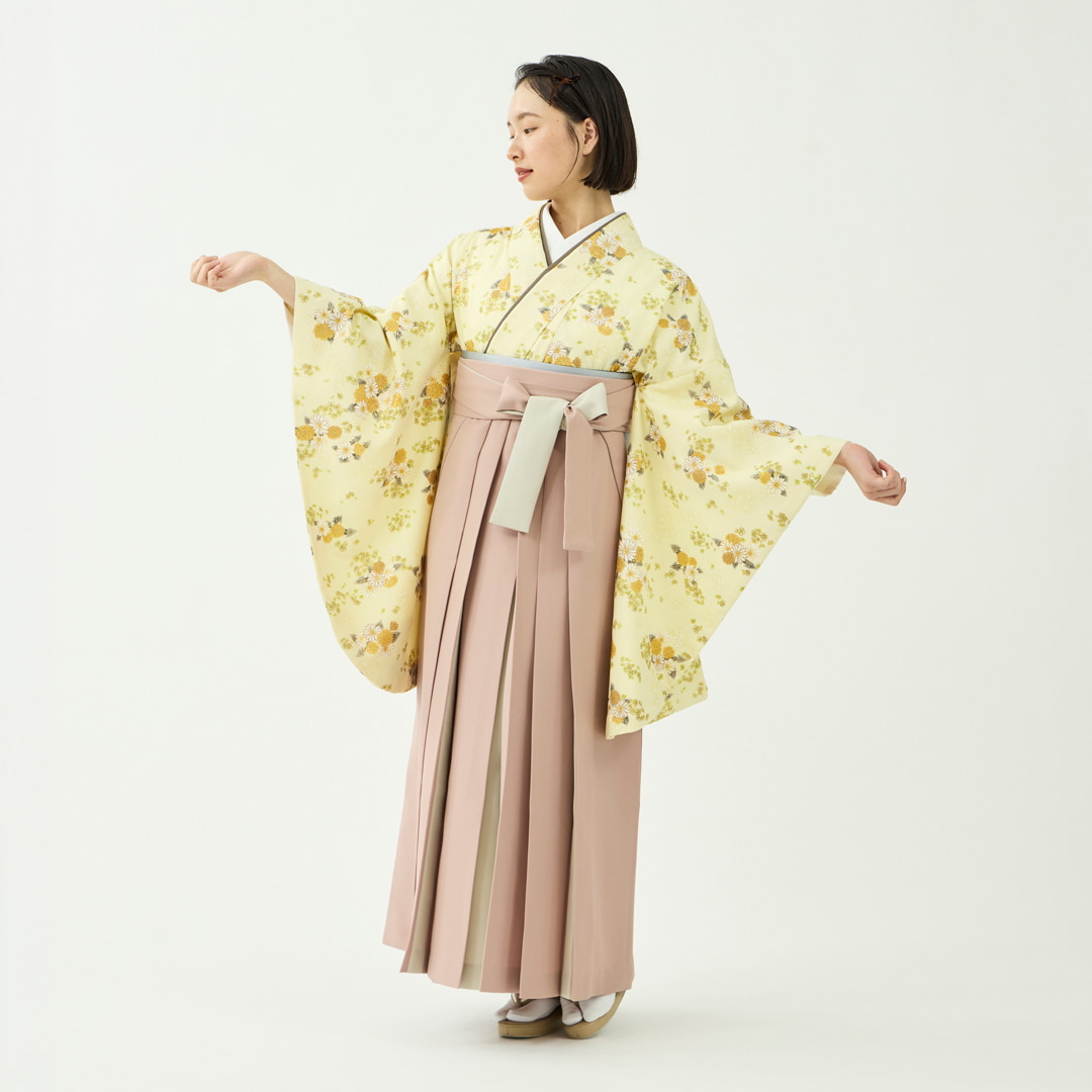 袴レンタルセット「春晴花」たんぽぽと菜の花・檸檬色＆無地袴・桜