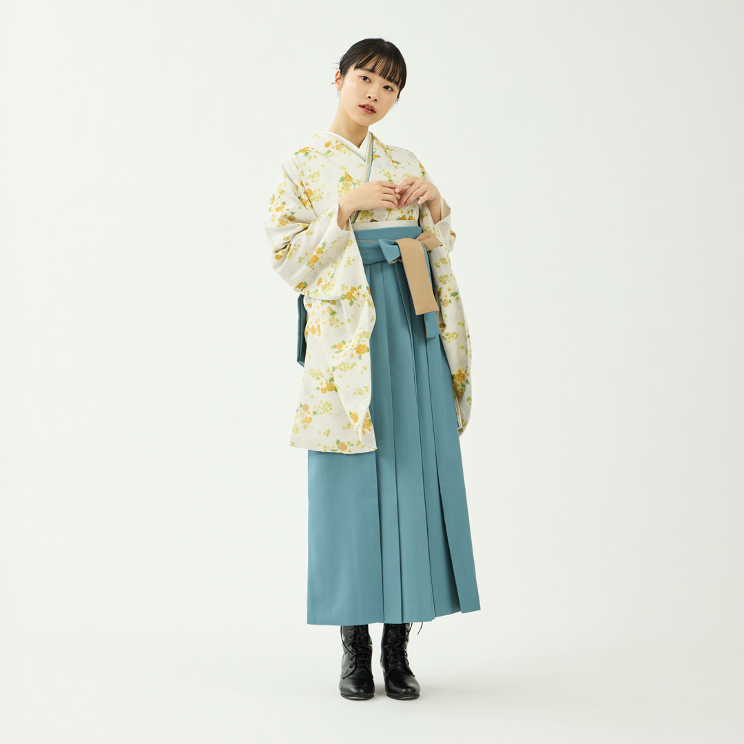 袴レンタルセット「春晴花」たんぽぽと菜の花・象牙色＆無地袴・浅葱色