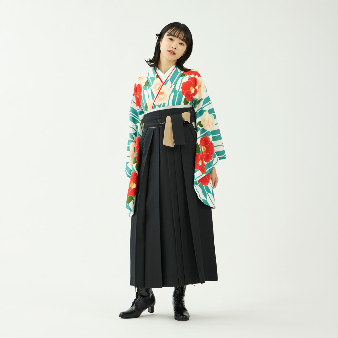 袴レンタルセット「花笑み」矢絣に椿・緑＆無地袴・黒