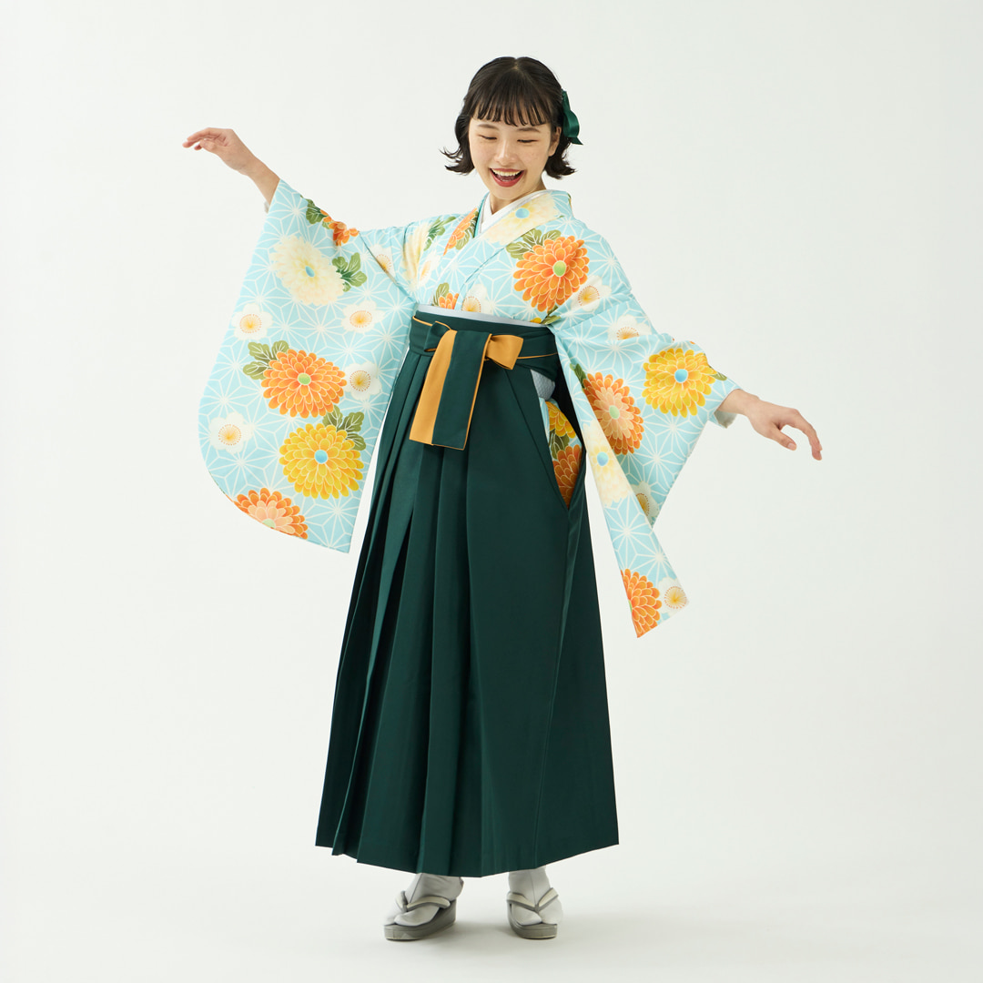 袴レンタルセット「花笑み」麻の葉菊・水色＆無地袴・緑