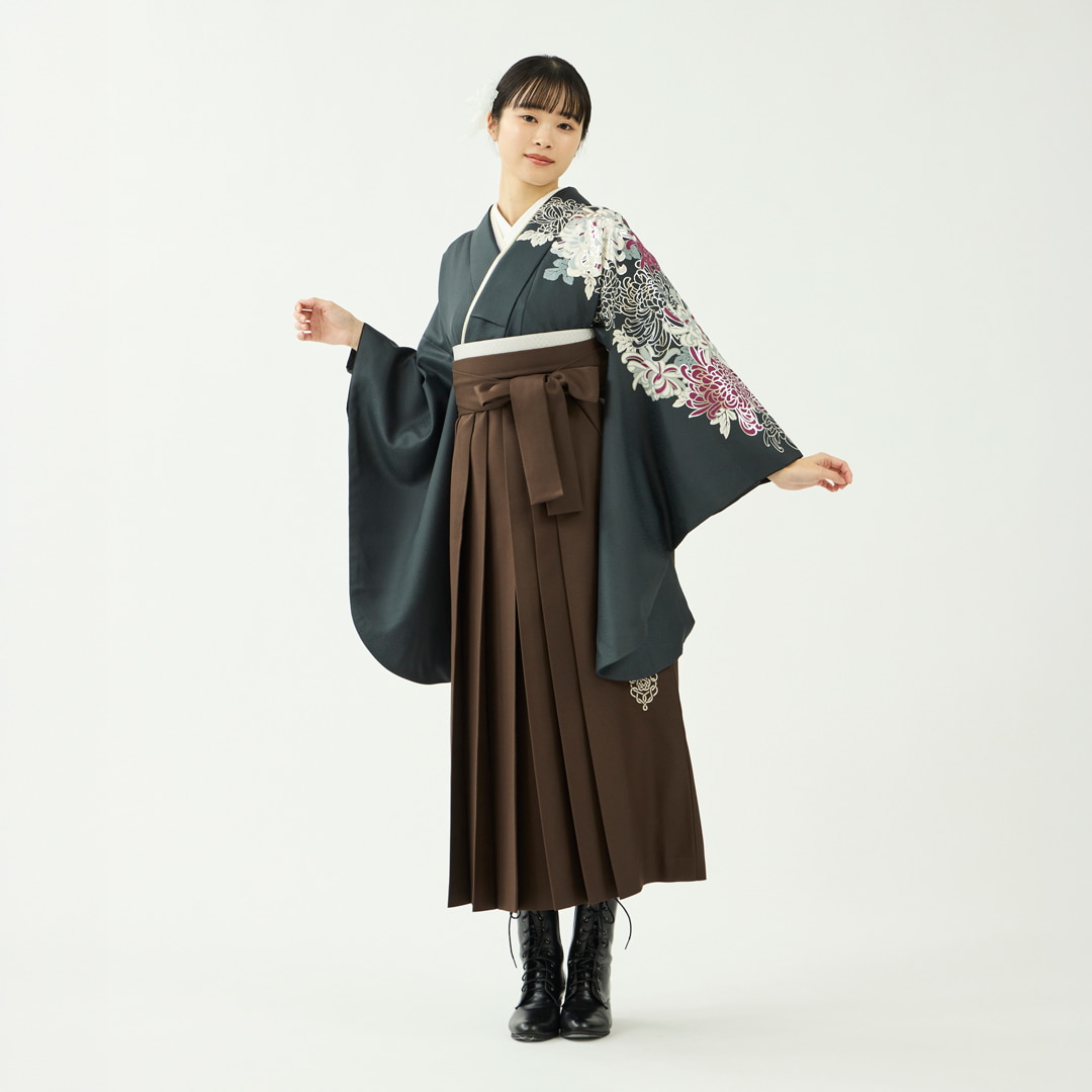 袴レンタルセット「花の夢」菊・黒紅＆刺繍袴・茶