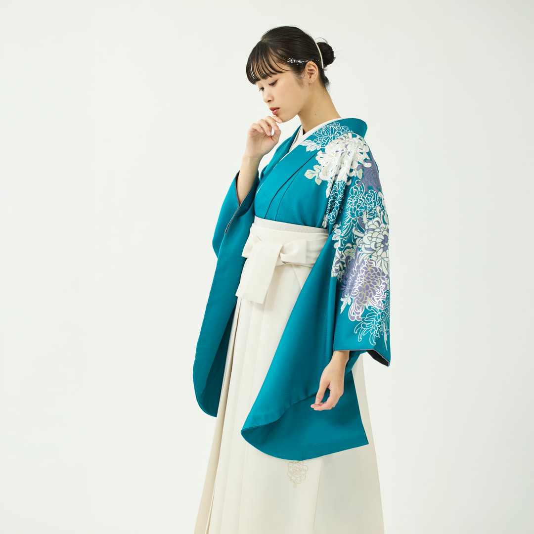袴レンタルセット「花の夢」菊・浅葱色＆刺繍袴・生成り