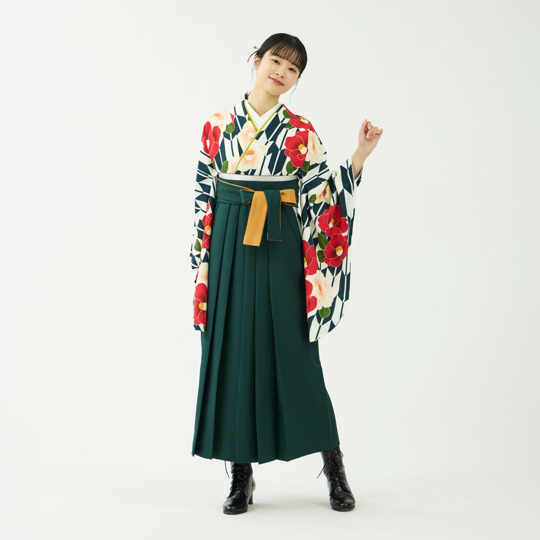 袴レンタルセット「花笑み」矢絣に椿・紺＆無地袴・緑
