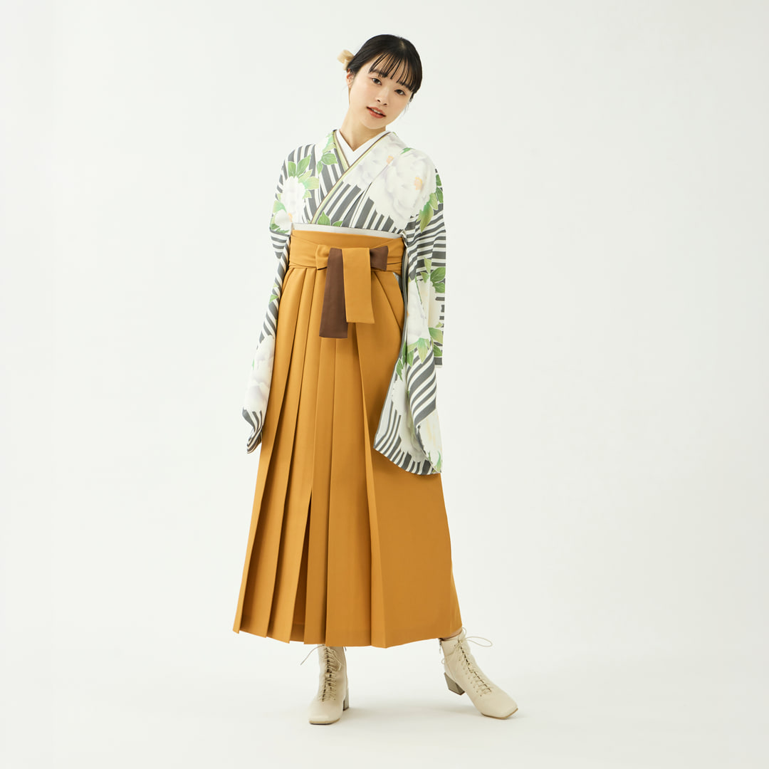 袴レンタルセット「花笑み」親子縞に牡丹・グレー＆無地袴・からし