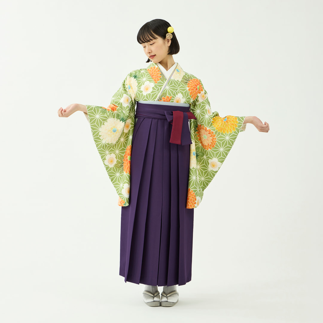 袴レンタルセット「花笑み」麻の葉菊・緑＆無地袴・紫