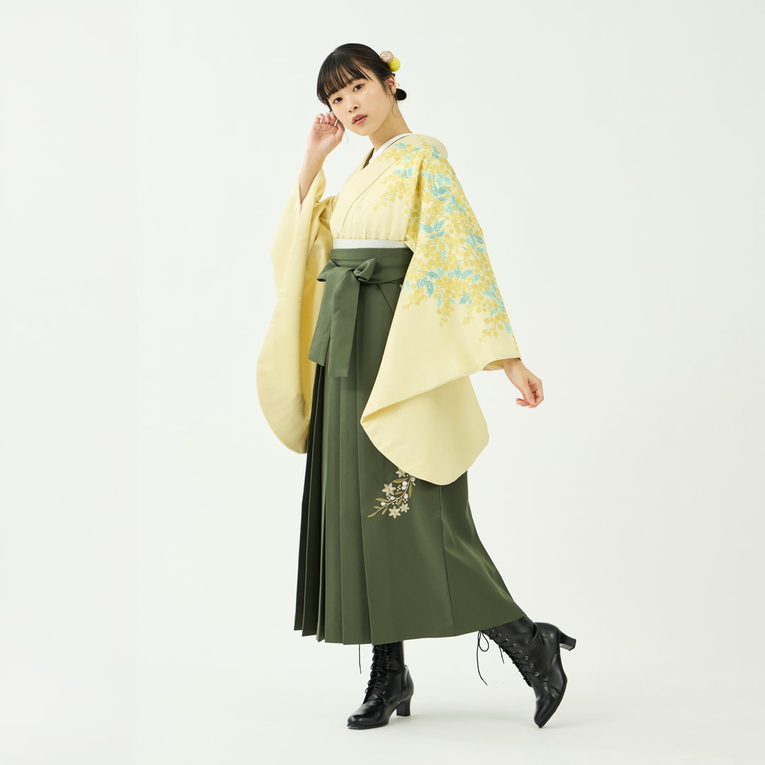 袴レンタルセット「晴れの日ブーケ」ミモザ・イエロー＆刺繍袴・オリーブ