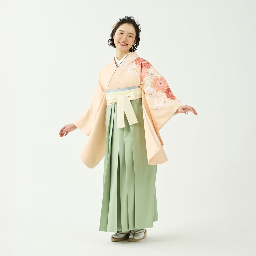 袴レンタルセット「晴れの日ブーケ」ガーベラ・コーラル＆無地袴・ヒワ