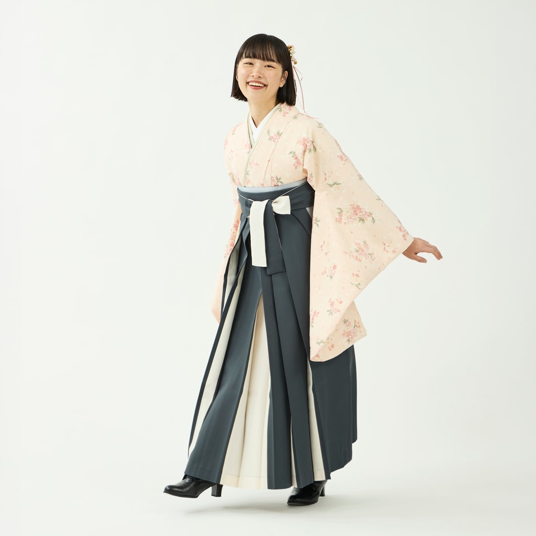 袴レンタルセット「春晴花」八重桜とかすみ草・さくら色＆無地袴・濃紺