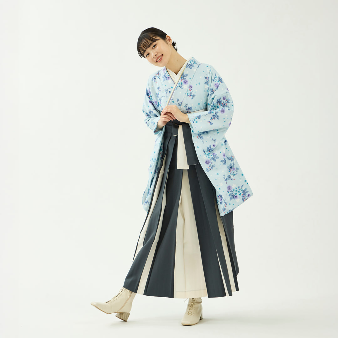 袴レンタルセット「春晴花」あざみとブルースター・空色＆無地袴・濃紺