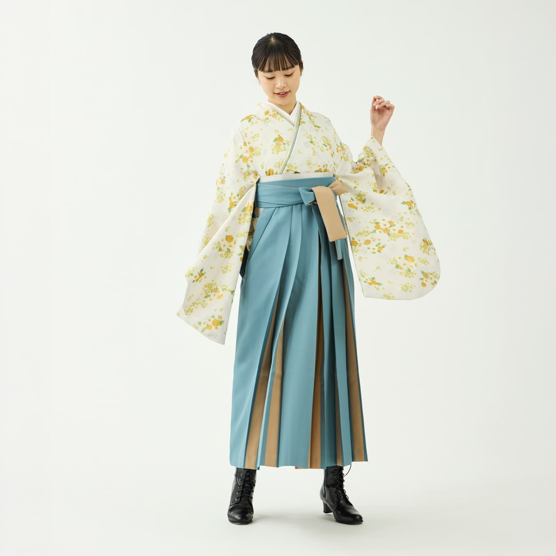 袴レンタルセット「春晴花」たんぽぽと菜の花・象牙色＆無地袴・浅葱色
