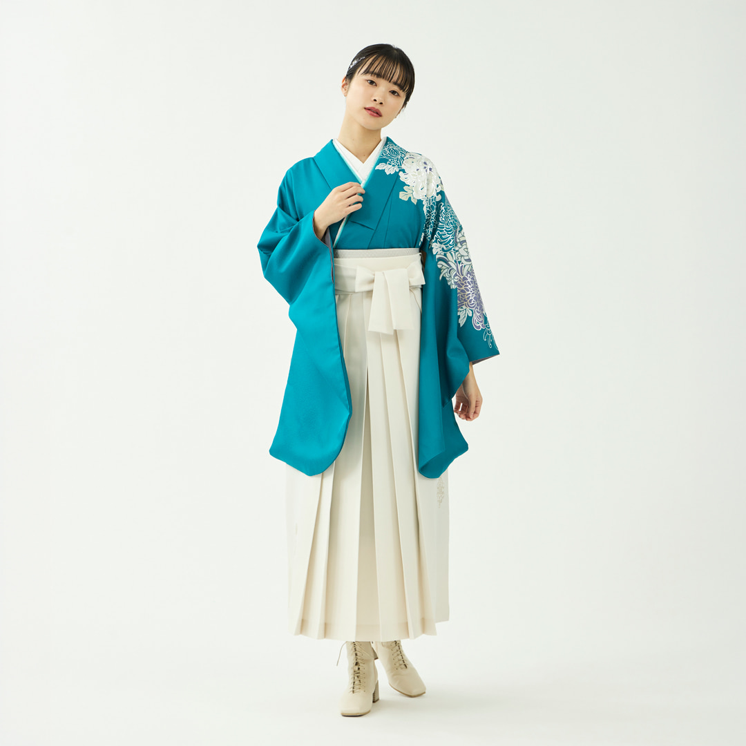 袴レンタルセット「花の夢」菊・浅葱色＆刺繍袴・生成り