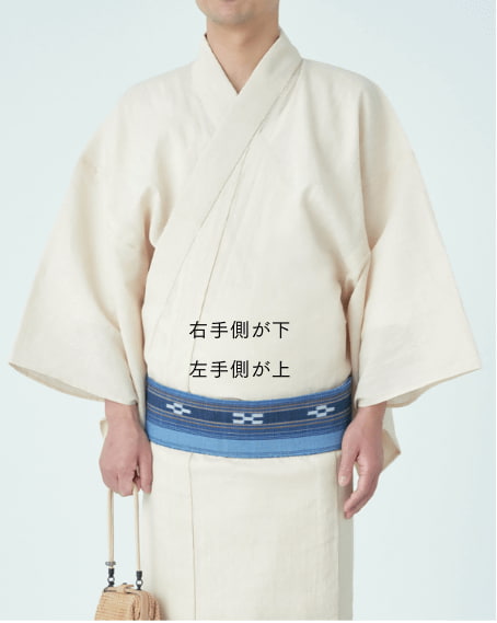 着用者から見て右手側が下、左手側が上になるように、ゆかたを体に巻きつけます。