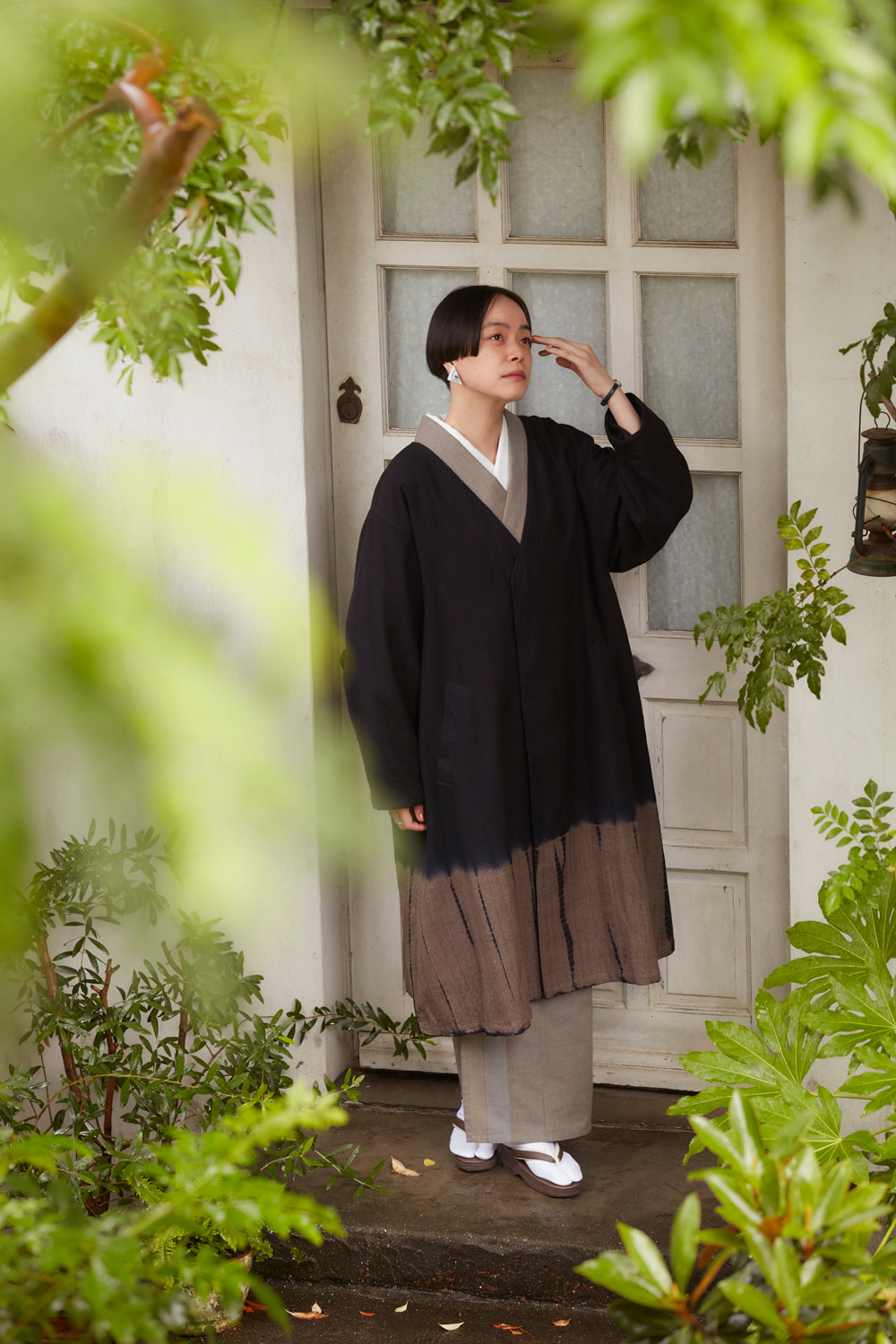 ノーカラーウールコート　グレンチェック　Black×Muddy Brown