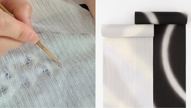 「能」に用いられる装束に着想を得て、現代の着物素材として使えないかと試行錯誤しながら創り上げた青柳独自の技術「櫛引織り」（特許取得）。
