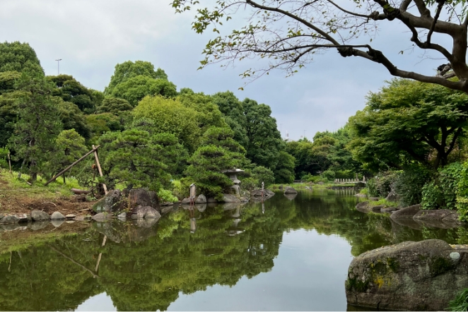 江戸の中心地だった隅田川周辺には、武家屋敷跡や藩邸跡地などが数多くあります。（写真：水戸徳川邸内の池）