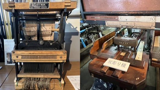 (左)昭和初期のジャカード織機　(右)紋彫り機