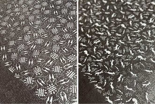(左)「糸巻きとハサミ」型紙　(右)「キツネ」型紙　日常の生活から着想を得た、親しみやすい柄のモチーフ