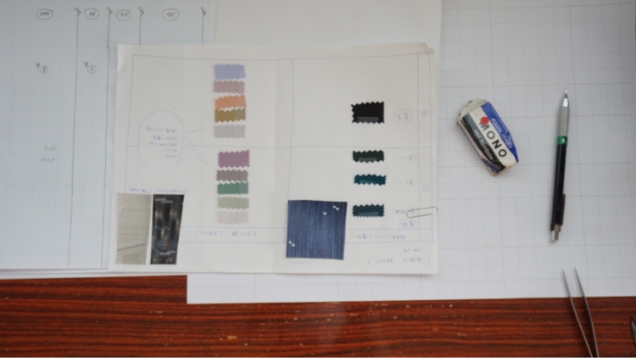 図案を作成したら、織りで色柄を表現するため、経糸と緯糸それぞれ設計していきます。